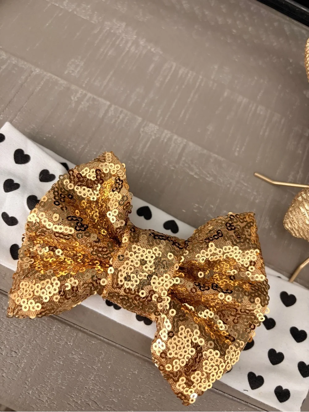 Gold Sequin Bow Headband with Heart Print Band